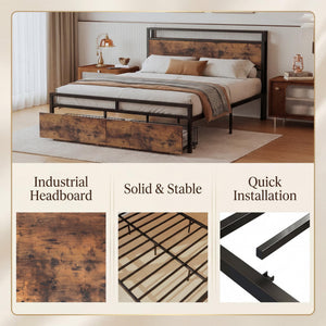 King Bed Frame with Storage Headboard, 2 Drawers & Charging Station