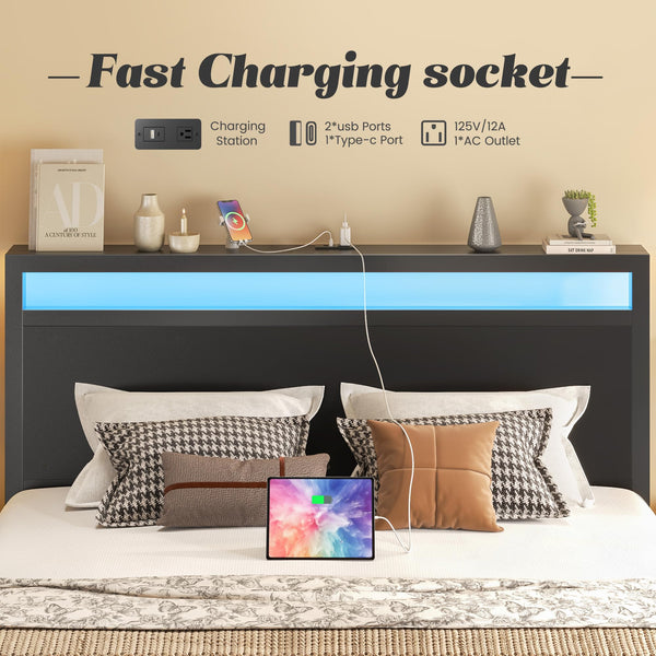 Queen Bed Frame with LED Headboard, Charging Station & Under-Bed Storage