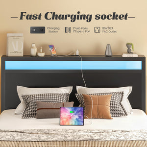 Queen Bed Frame with LED Headboard & Built-in Charging Station