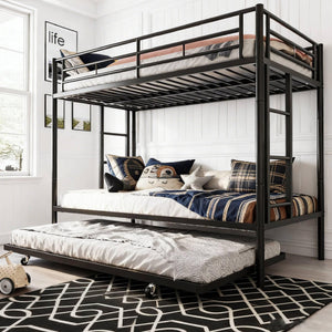 Metal Bunk Bed with Trundle & Safety Guardrails