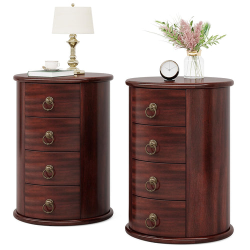 Round Solid Wood Side Table with 4 Drawers – Set of 2