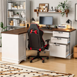 59" Farmhouse L-Shaped Desk with Power Outlets & Storage Cabinet