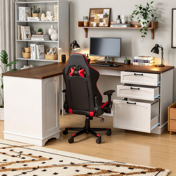59" Farmhouse L-Shaped Desk with Power Outlets & Storage Cabinet