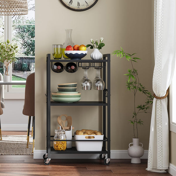 3-Tier Rolling Bar Cart with Wine Rack & Glass Holder