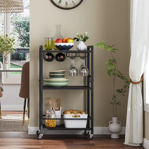 3-Tier Bar Cart with Wine Rack, Glass Holder & S-Hooks