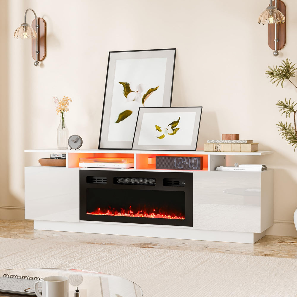 Electric Fireplace TV Stand with LED Backlight & Storage – 65" White