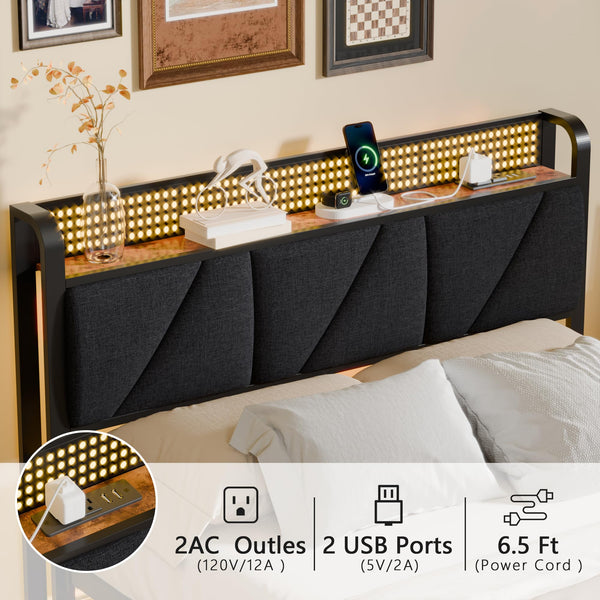 Metal Platform Bed Frame with LED Headboard & Charging Station