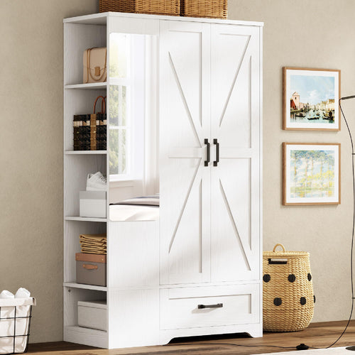 70" Wardrobe with Mirror, 2 Doors, Drawer & Side Shelves
