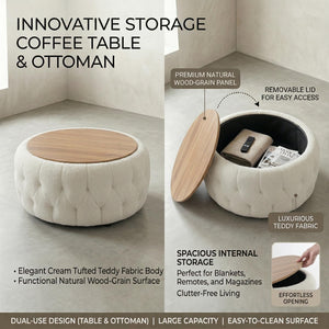 Round Storage Ottoman with Wooden Tabletop