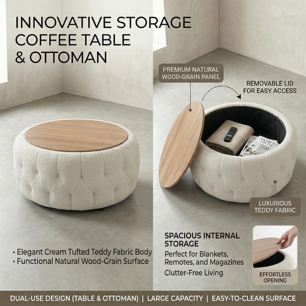 Round Storage Ottoman with Wooden Tabletop