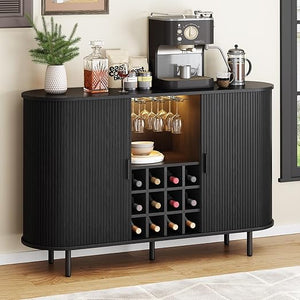 55" Wine Bar Cabinet with LED Light, Wine Rack & Glass Holder