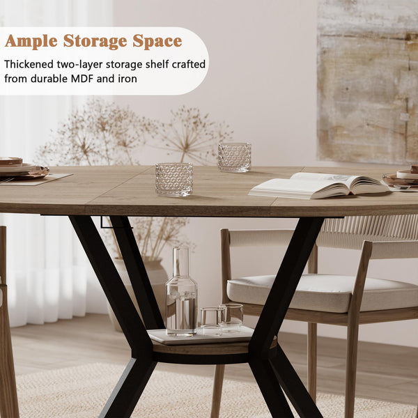 42–58" Extendable Round to Oval Dining Table with Hidden Leaves & Storage Shelf, Seats 4–6