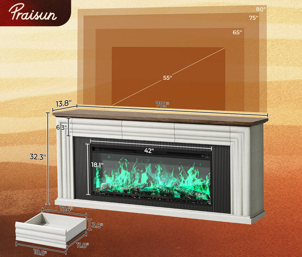70" Fireplace TV Stand with 42" Electric Fireplace & 3 Drawers
