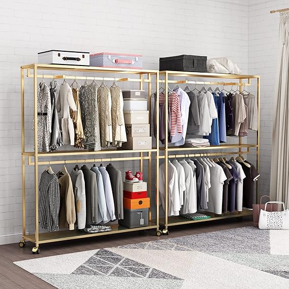 Gold Freestanding Clothing Rack with Shelves