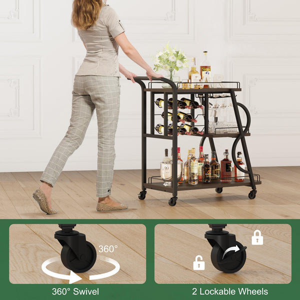 3-Tier Rolling Bar Cart with Wine Glass Holder