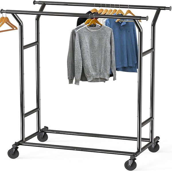 Heavy Duty Double Rail Garment Rack, 200 lb Capacity, Extendable Rod