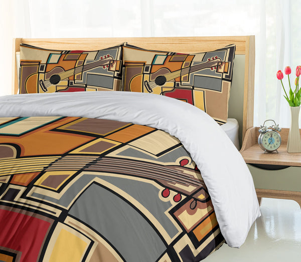 Queen Duvet Cover Set — Guitar Geometric Print, Pale Yellow, 3-Piece