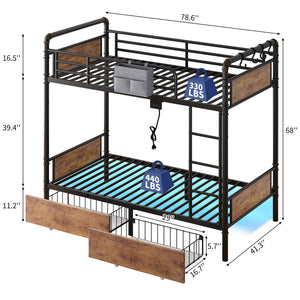 Twin Over Twin Metal Bunk Bed with LED Lights, Storage Drawers & USB Charging