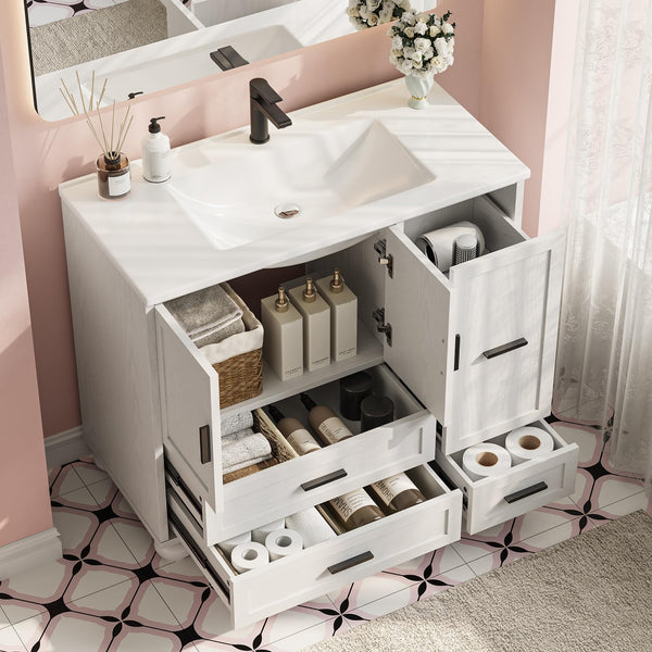 36" Bathroom Vanity with Sink and Hair Tool Drawer – 4 Drawers, 2 Doors, Undermount SMC Sink, White