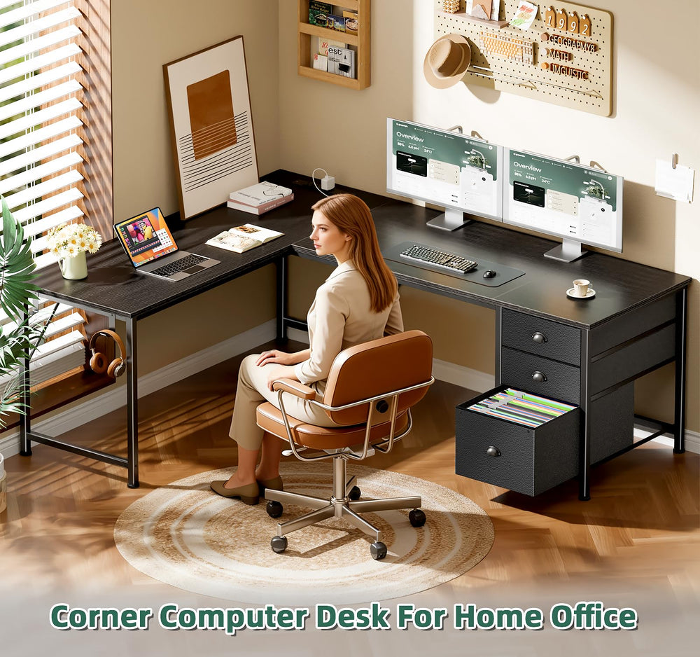 L-Shaped Computer Desk with Power Outlet & USB-C Port, Drawers, File Cabinet & Corner Storage
