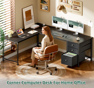 L-Shaped Computer Desk with Power Outlet & USB-C Port, Drawers, File Cabinet & Corner Storage