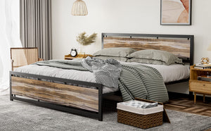 California King Metal Platform Bed Frame with Wooden Headboard – Industrial Style