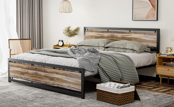 California King Metal Platform Bed Frame with Wooden Headboard – Industrial Style