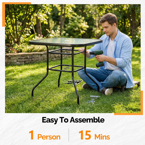Glass Patio Table with Umbrella Hole – Tempered Glass Outdoor Dining Table