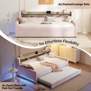 Twin Upholstered Daybed with Trundle, LED Light & Storage Headboard