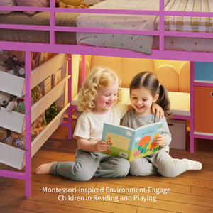 Twin Size Low Loft Bed with LED Lights, Bookshelf & Storage