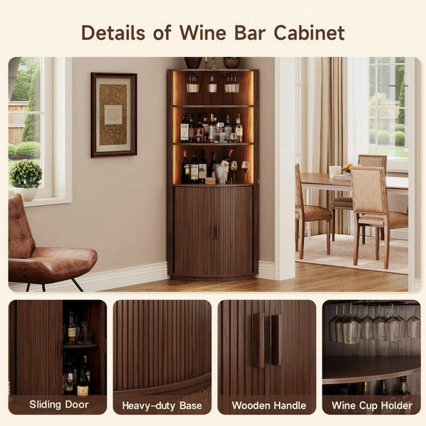 Corner Bar Cabinet with LED Lights & Sliding Door