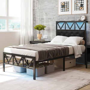 Twin Size Platform Bed Frame with LED Lighting & Charging Station