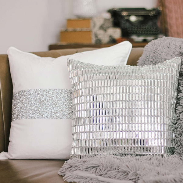 Silver Velvet Throw Pillow with Glass Rhinestones 16x16