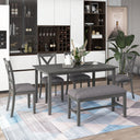 6-Piece Farmhouse Dining Table Set with Bench and Cushioned Chairs