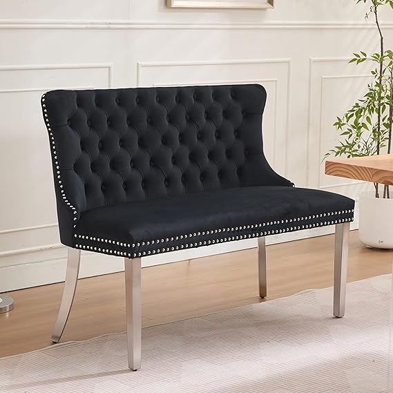 Velvet Settee Dining Bench with Back – Button Tufted Loveseat with Nailhead Trim