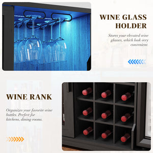 Bar Cabinet with Wine Cooler, LED Lights, Glass Holder & Wine Rack