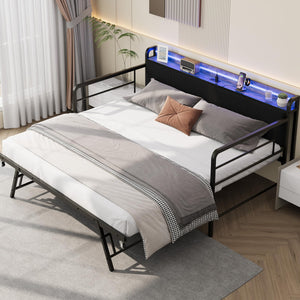 Twin Daybed with Pop-Up Trundle, RGB LED & Charging Station