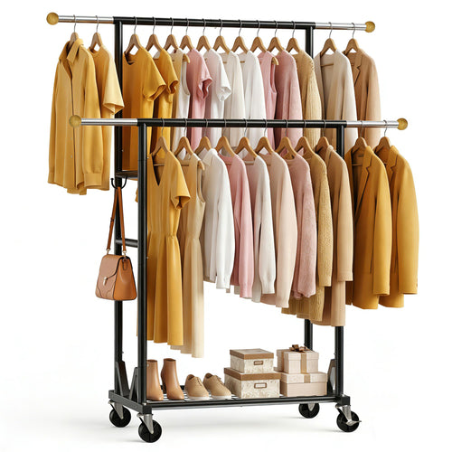 Rolling Garment Rack with Double Rod, Lockable Casters & Mesh Shelf