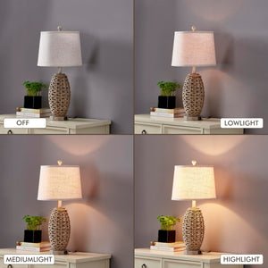 Natural Rattan Table Lamps Set of 2 – Dimmable Touch Control, USB Charging, Oatmeal Shade