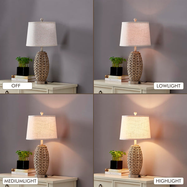 Natural Rattan Table Lamps Set of 2 – Dimmable Touch Control, USB Charging, Oatmeal Shade