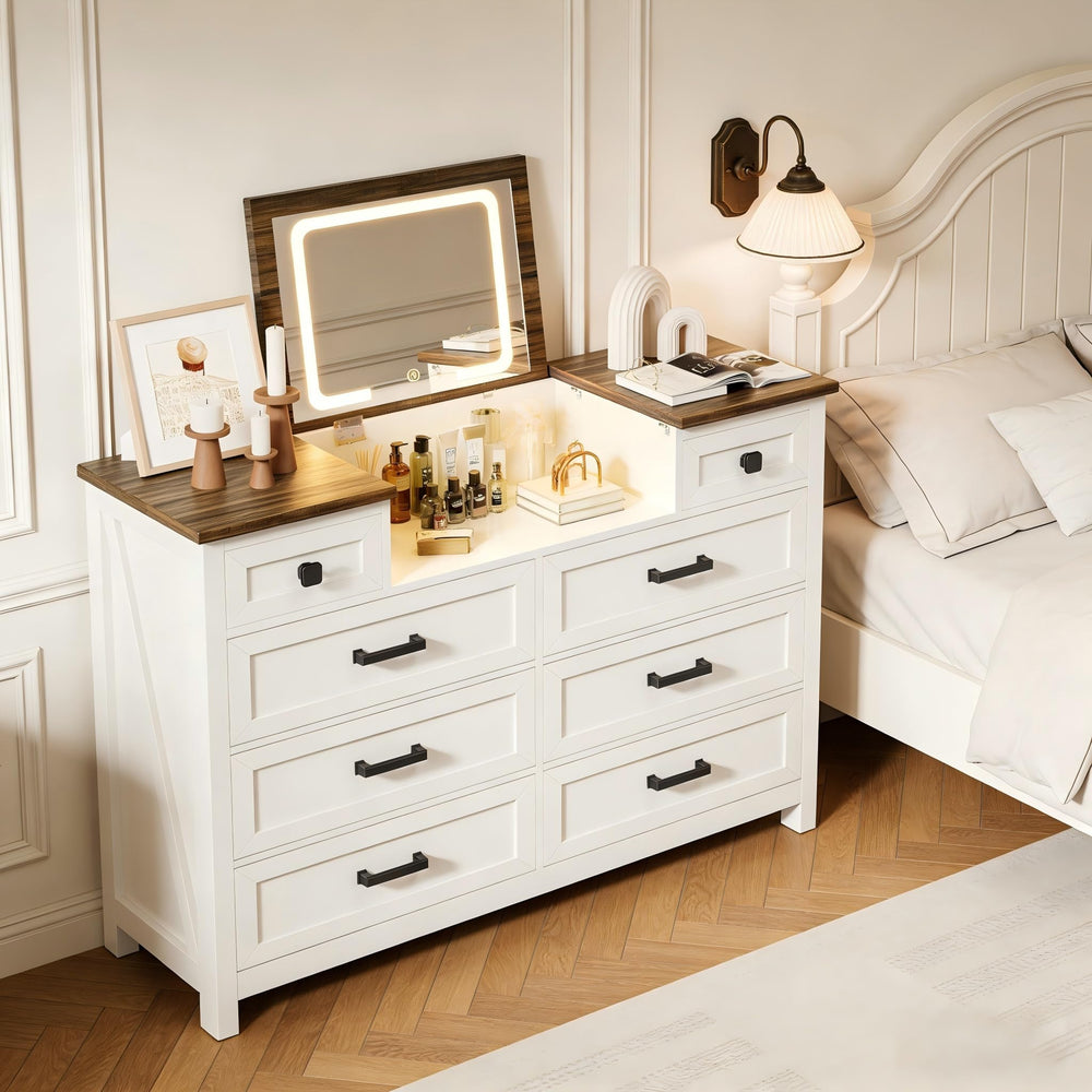 8-Drawer Dresser with LED Mirror & Storage