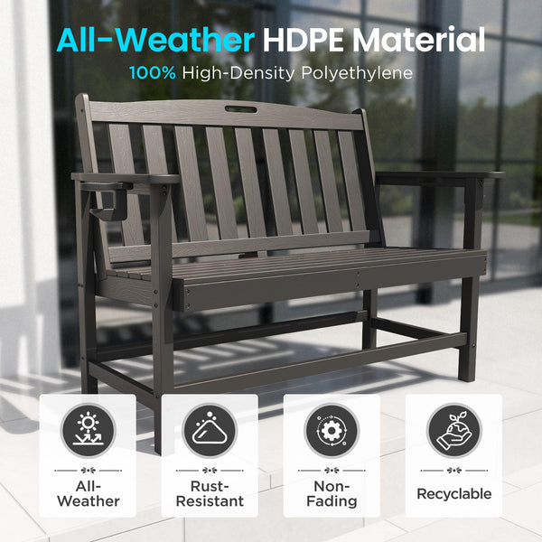 HDPE Outdoor Patio Bench with Armrests – 2-3 Person, 700 lbs Capacity