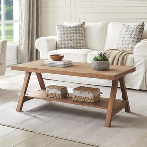 Rustic Farmhouse Coffee Table with 2-Tier Storage Shelf