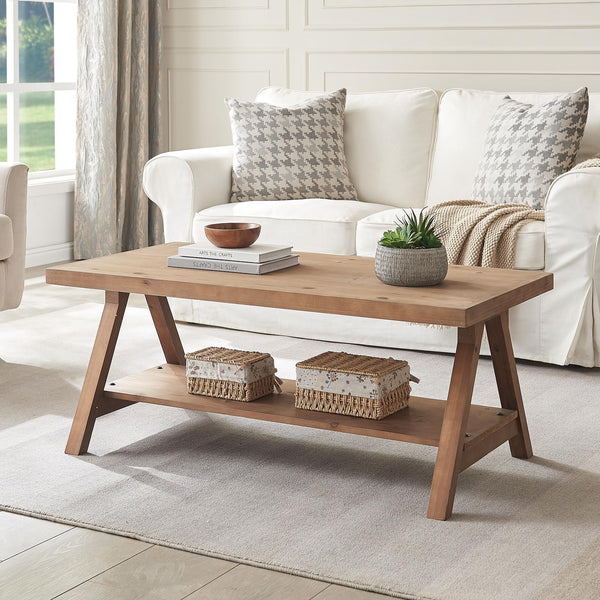 Rustic Farmhouse Coffee Table with 2-Tier Storage Shelf