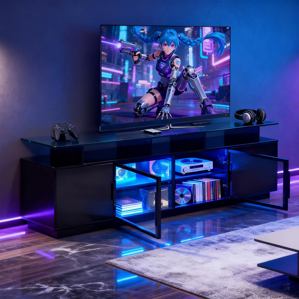 70-Inch Black TV Stand with LED Lights & Glass Doors