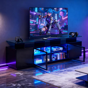 70-Inch Black TV Stand with LED Lights & Glass Doors