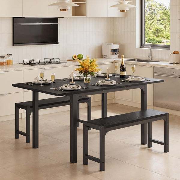 Extendable Dining Table Set with Bench for 4–6 | Smart-Flip Leaf | Metal Frame | Black