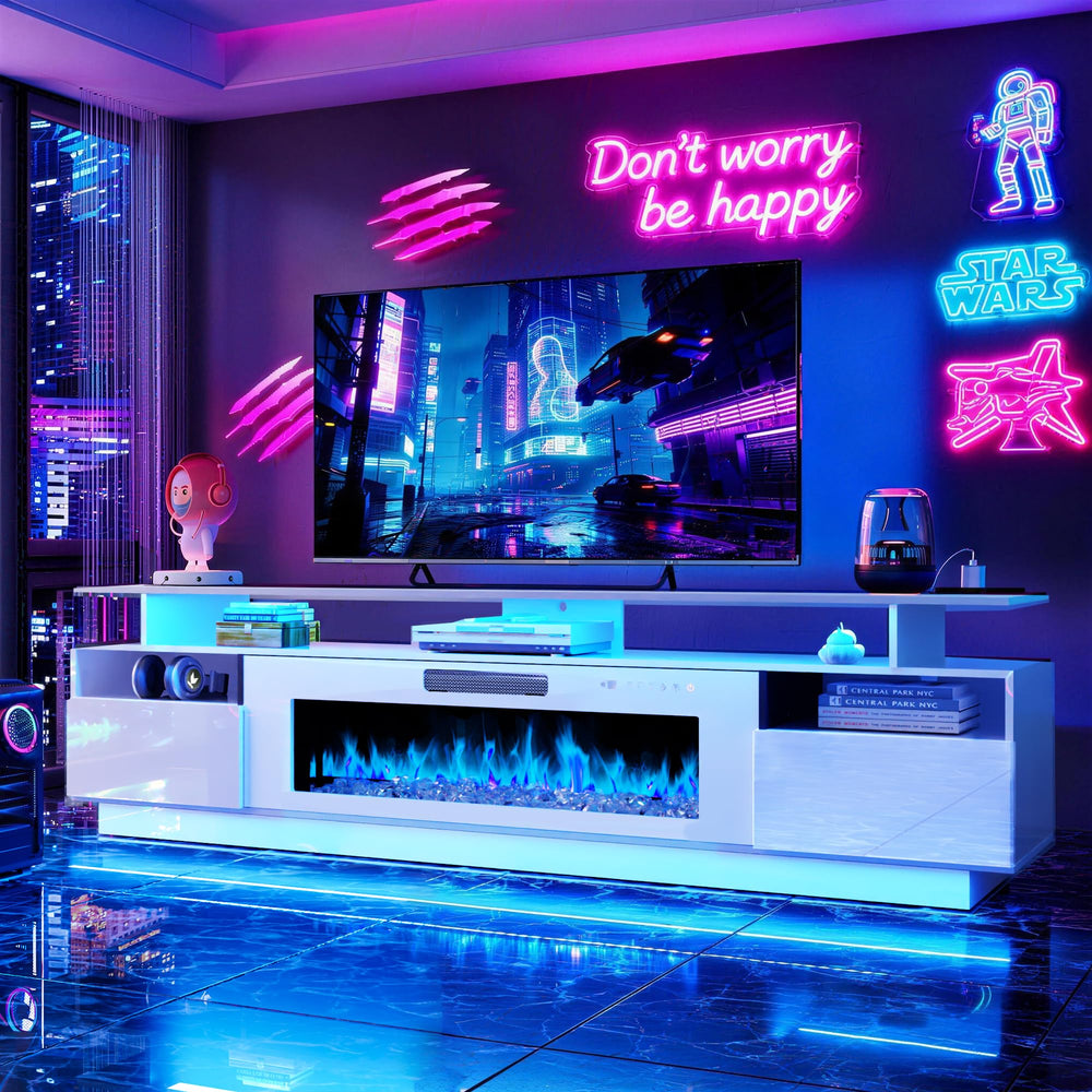 70" Electric Fireplace TV Stand with LED Lighting & Charging Station