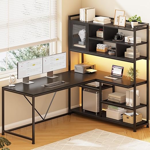 L-Shaped Computer Desk with LED Light and Bookshelf
