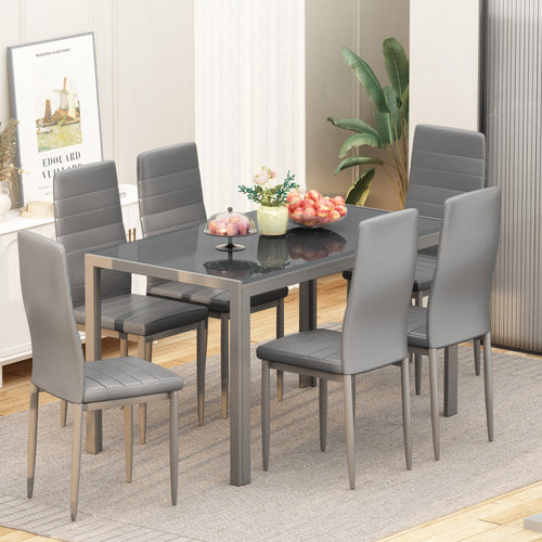 7-Piece Tempered Glass Dining Table Set with 6 PU Leather Chairs